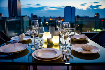 A luxurious dinner is set on a marble table with glass and ceramic dishes, silverware, and a stunning cityscape view in the background. The dinner takes place on a rooftop at twilight. generative AI.