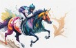 Abstract watercolor paintings of a galloping horse and jockey on a white backdrop. Generative AI.