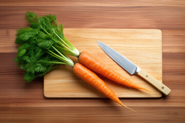 Two ripe carrots and knife on wooden cutting board, top view, Generative AI