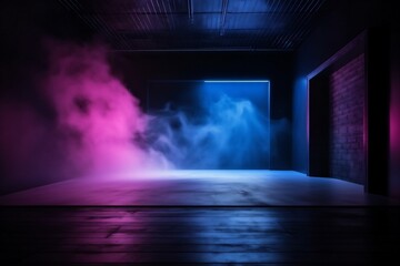 Poster - room abstract fog blue background light scene rays space smoke neon. Generative AI.