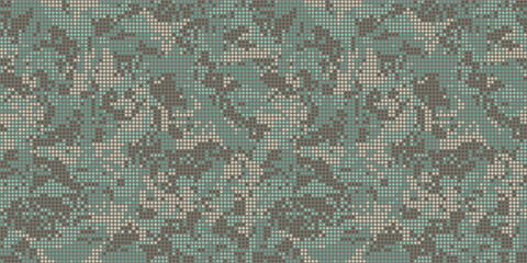 Canvas Print - Abstract halftone seamless camouflage texture. Dot pattern in khaki green colors, camo digital two color background. Vector wallpaper