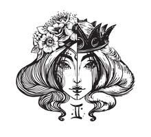 Zodiac Sign Gemini, Queen And Girl With A Wreath Of Flowers, Twin Girls, Boho Logo Engraving, Mystical Hand Drawing Tattoo, Vector Illustration Isolated On White Background.