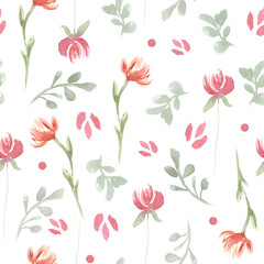 Wall Mural - Floral meadow, watercolor seamless pattern with abstract wildflowers, summer colorful illustration on ivory background in provence style.