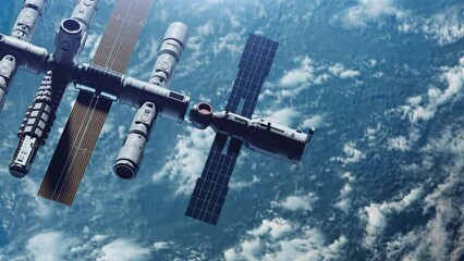 Wall Mural - docking the international station and the living module in space in earth orbit with a parallax effe