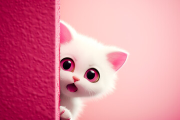 Poster - White kitten with pink eyes peeking out from behind pink wall with pink background. Generative AI.