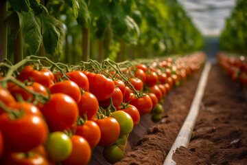 Sticker - Row of tomatoes in greenhouse with green leaves on the top of them. Generative AI.