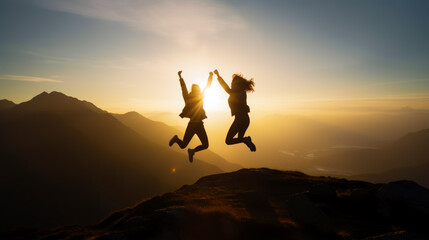 Wall Mural - Two people jumping in the air with their arms in the air in front of the sun. Generative AI.