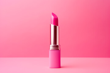 Pink lipstick is on pink surface with bright pink wall in the background. Generative AI.