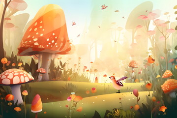 Poster - Image of bird standing in field with mushrooms and flowers in the background. Generative AI.