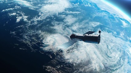 Wall Mural - sputnik or spaceship in orbit around planet earth. the concept of technology and space