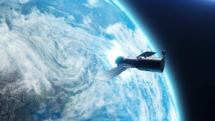 Wall Mural - sputnik or spaceship in orbit around planet earth. the concept of technology and space