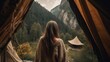 Travel. back see Young lady voyages through the mountains glamping, tents,waterfalls of wild nature. AI Generated