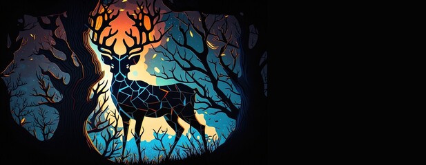 Wall Mural - Reindeer in the forest, moon, silhouette of deer with antlers. Card, space for text. Generative Ai.