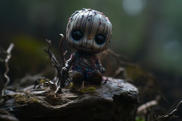 Poster - little horror doll on a tree stump Generative AI