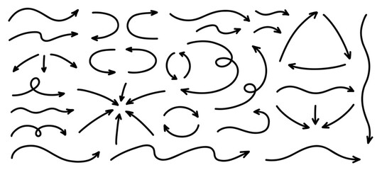 Wall Mural - hand drawn semibold line arrows set. vector curvy, wavy and straight arrows isolated on white backgr