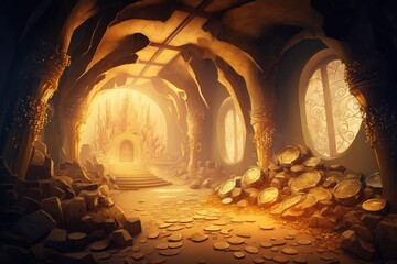 Wall Mural - Fantasy world of gold mine or old treasure cave. distinct generative AI image.