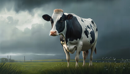 Wall Mural - A cow stands in a field with a stormy sky behind her.
