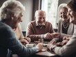 Modern Aging. A group of senior friends enjoying a game of cards at a modern, upscale retirement home. Generative AI