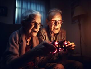 Modern Aging. Humorous image of an elderly couple playing a video game together. Generative AI