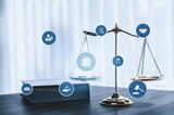 Fototapeta Kawa jest smaczna - Smart law, legal advice icons and lawyer working tools in the lawyers office showing concept of digital law and online technology of astute law and regulations .
