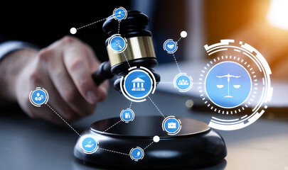 Smart law, legal advice icons and lawyer working tools in the lawyers office showing concept of digital law and online technology of astute law and regulations .