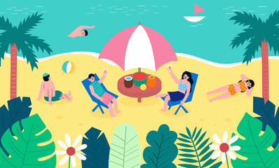  People take a vacation at the beach in the summer. Woman and man are enjoying the sunbathe