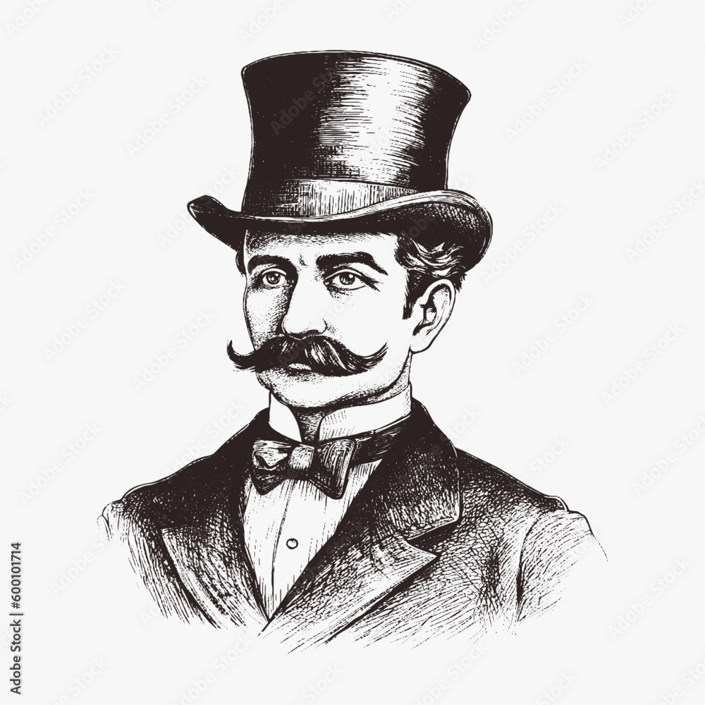 Elegant gentleman in top hat with mustache and whisker. Vintage style ...