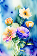 Floral watercolor painting. Yellow and Blue flowers in soft color on blue color background. Spring flowers seasonal nature background. AI Generated