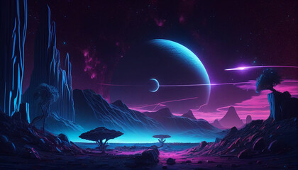 Neon alien landscape sets the tone for a space game night background, Generative AI
