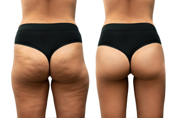 Young tanned woman's thighs and buttocks with cellulite before and after treatment on white background. Getting rid of excess weight. Result of diet, sports, massage. Improving the skin on legs