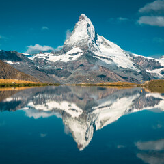 Wall Mural - Great view with Matterhorn reflection from the Stellisee lake, Switzerland