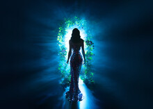 Dark Shadow Silhouette Fantasy Woman Walking In Black Night Garden In Fog Glowing Portal Arch Flowers, Art Neon Blue Magic Light. Mystery Lady. Gothic Luxury Girl Princess Shiny Dress Back Rear View