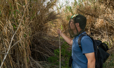 Man with mosquito net on his head in nature.2