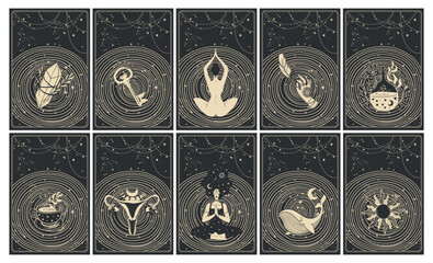 Wall Mural - set of magical tarot cards for witch, mystical symbols and witchcraft items. fortune teller occult i