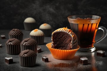 On the right side of the ice, there is a cup of black tea and two little chocolate cupcakes. Generative AI