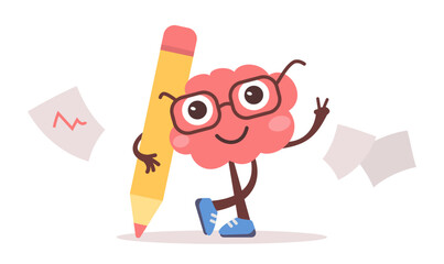 Vector illustration of happy brain character with glasses and pencil with paper. Flat style design of business pink brain character on white color background