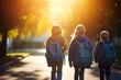 Kinder mit Rucksack laufen in die Schule, Generative AI