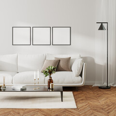 Wall Mural - three square frames mock up in home living room interior with white sofa and coffee table with decor