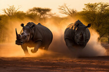 An Action Photograph Of Two Female Black Rhinos Charging At The Game Vehicle