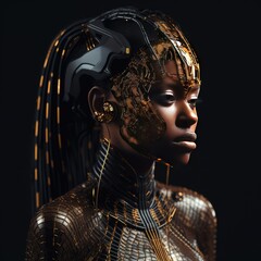 Golden african humanoid AI Cyber person, thinking with a neural network. Gold robot woman.. Artificial intelligence with a digital brain processing big data. Created with generative ai