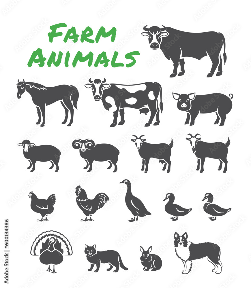 Domestic farm animals solid silhouette illustrations. Simple outline