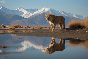 Lion cub looking the reflection of an adult lion in the water on a background of mountains