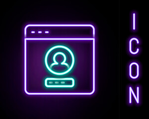 Poster - Glowing neon line Create account screen icon isolated on black background. Colorful outline concept. Vector