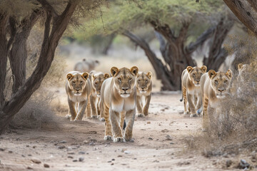 Wall Mural - Lion pride led by an adult female lioness with lots of lion cubs walking