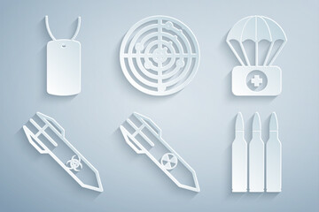 Sticker - Set Nuclear rocket, Parachute with first aid kit, Biohazard, Bullet, Radar targets and Military dog tag icon. Vector