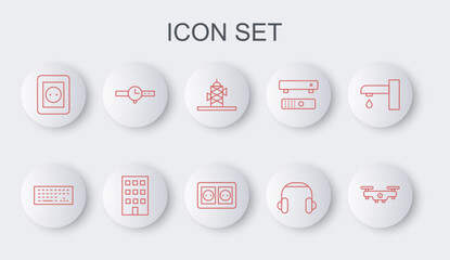 Poster - set line drone flying, keyboard, antenna, headphones, electrical outlet, wrist watch, house and icon