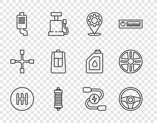 Sticker - Set line Gear shifter, Steering wheel, Car service, Shock absorber, muffler, key with remote, battery jumper power cable and Alloy icon. Vector