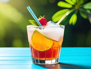 summer colorful fresh cocktail against sea mountain city building or pool background.hand putting fruit,tasty fruits like strawberry orange on glass edge generative ai images