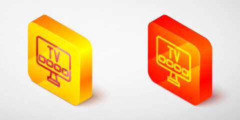 Poster - Isometric line Smart Tv icon isolated on grey background. Television sign. Yellow and orange square button. Vector