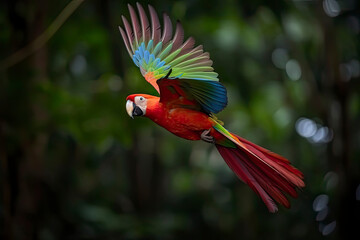 Red hybrid parrot in forest. Macaw parrot flying in dark green vegetation